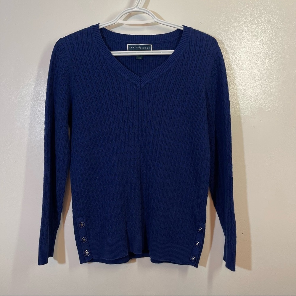 Karen Scott Navy Blue Cable Knit Sweater Women’s Size Medium 100% Cotton